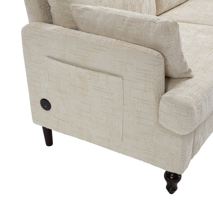 Modern Style Chenille 2-Seater Wood-Legged Sofa With Led Light,USB Charging Port And Storage Bag Living Room Bedroom Study Room