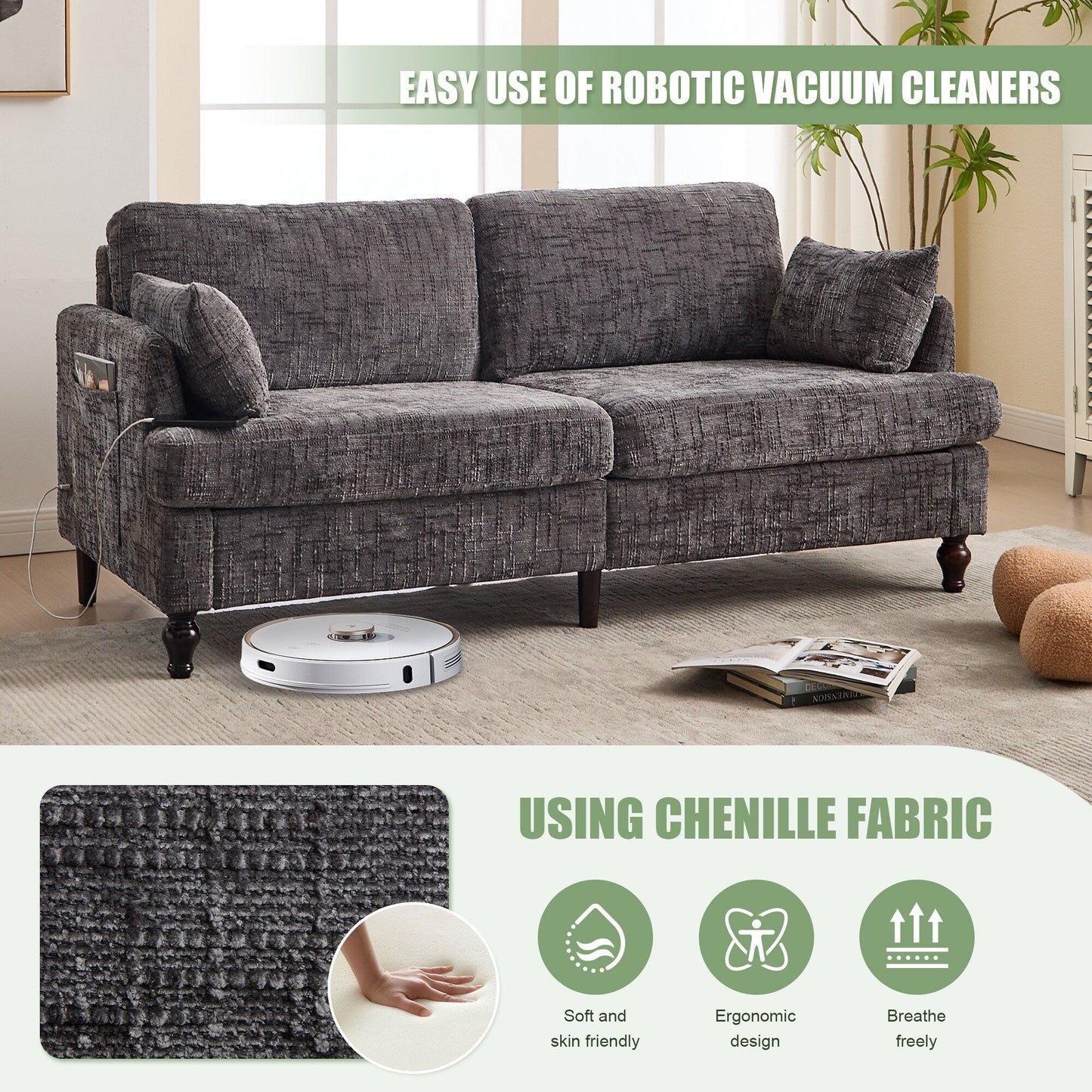 Modern Style Chenille 2-Seater Wood-Legged Sofa With Led Light,USB Charging Port And Storage Bag Living Room Bedroom Study Room