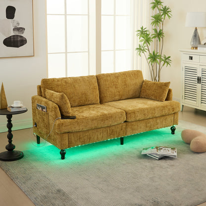 Modern Style Chenille 2-Seater Wood-Legged Sofa With Led Light,USB Charging Port And Storage Bag Living Room Bedroom Study Room