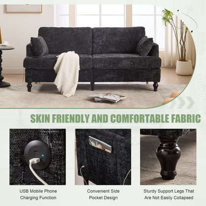 Modern Style Chenille 2-Seater Wood-Legged Sofa With Led Light,USB Charging Port And Storage Bag Living Room Bedroom Study Room