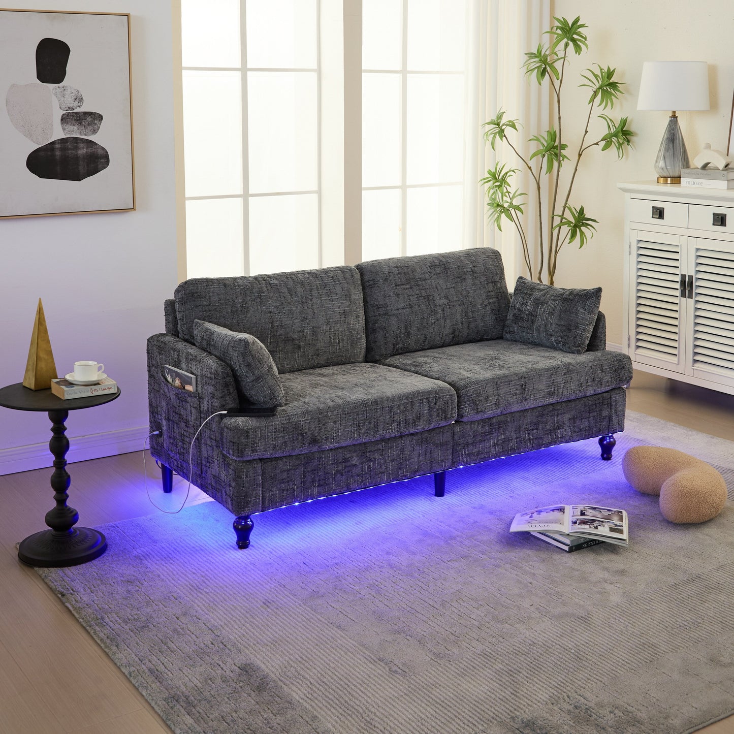 Modern Style Chenille 2-Seater Wood-Legged Sofa With Led Light,USB Charging Port And Storage Bag Living Room Bedroom Study Room