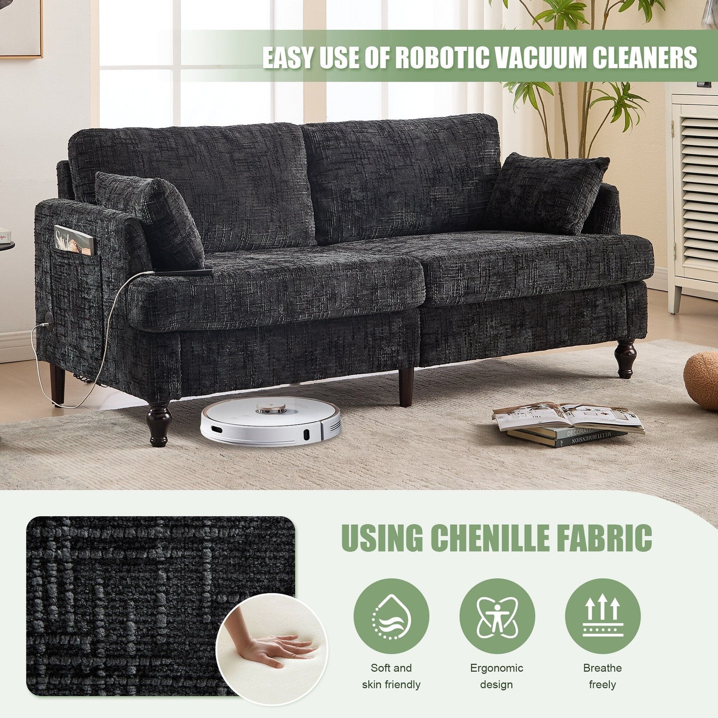 Modern Style Chenille 2-Seater Wood-Legged Sofa With Led Light,USB Charging Port And Storage Bag Living Room Bedroom Study Room