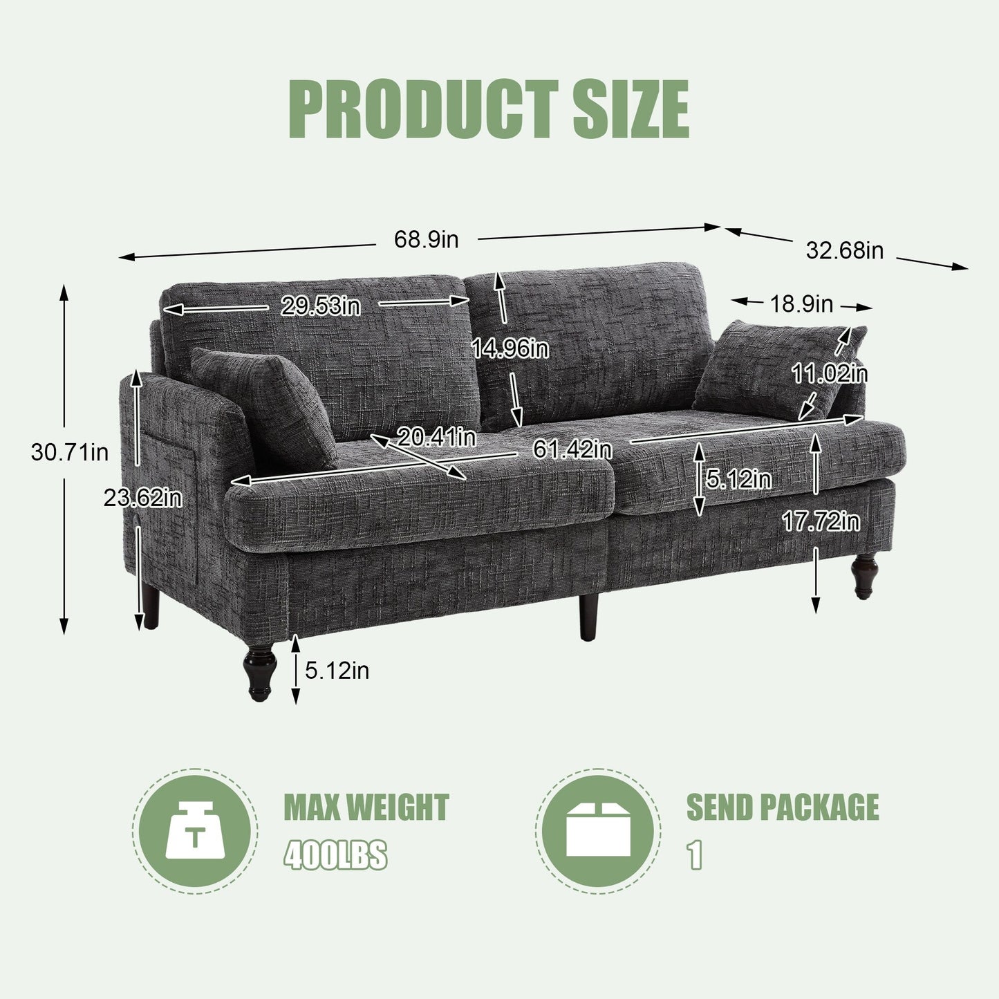 Modern Style Chenille 2-Seater Wood-Legged Sofa With Led Light,USB Charging Port And Storage Bag Living Room Bedroom Study Room