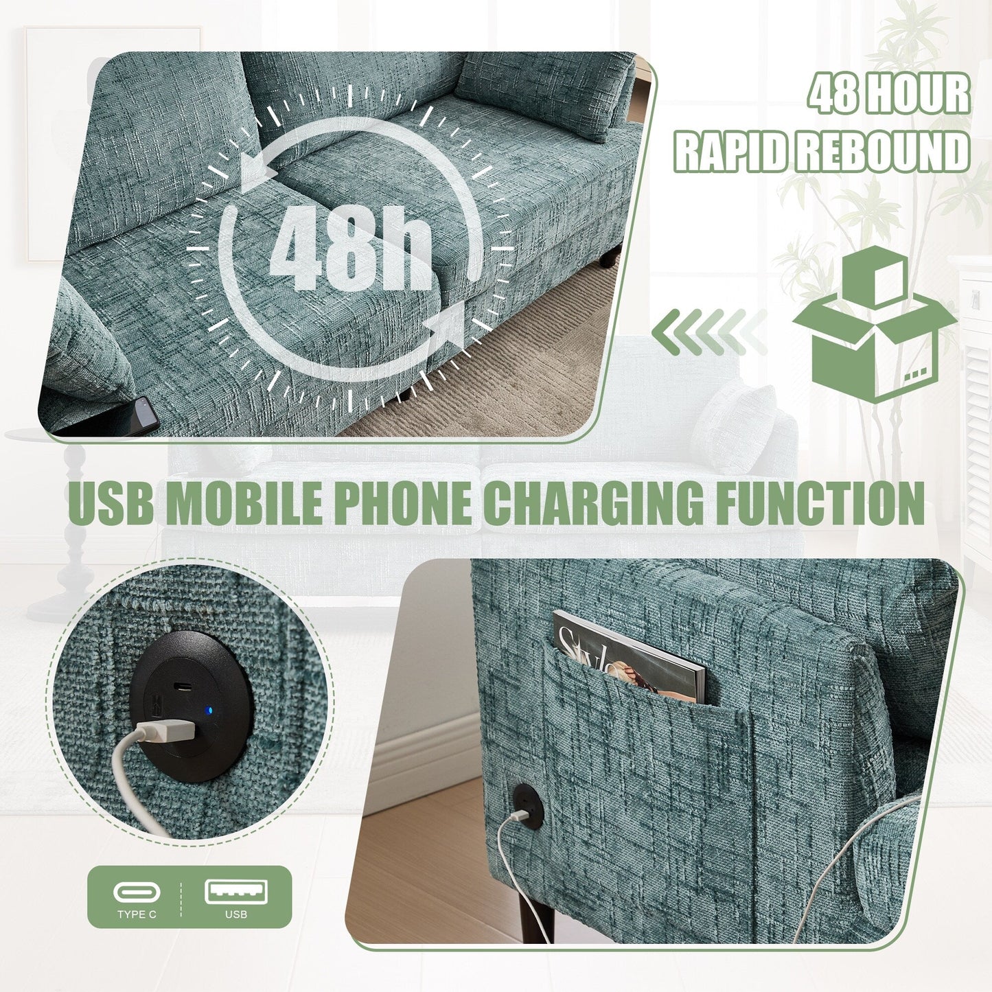 Modern Style Chenille 2-Seater Wood-Legged Sofa With Led Light,USB Charging Port And Storage Bag Living Room Bedroom Study Room