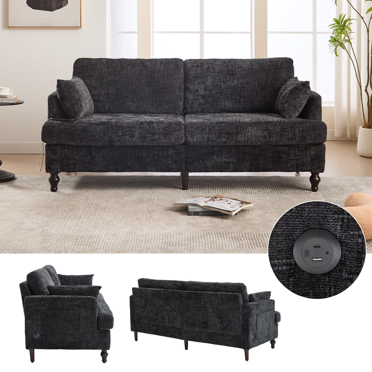 Modern Style Chenille 2-Seater Wood-Legged Sofa With Led Light,USB Charging Port And Storage Bag Living Room Bedroom Study Room
