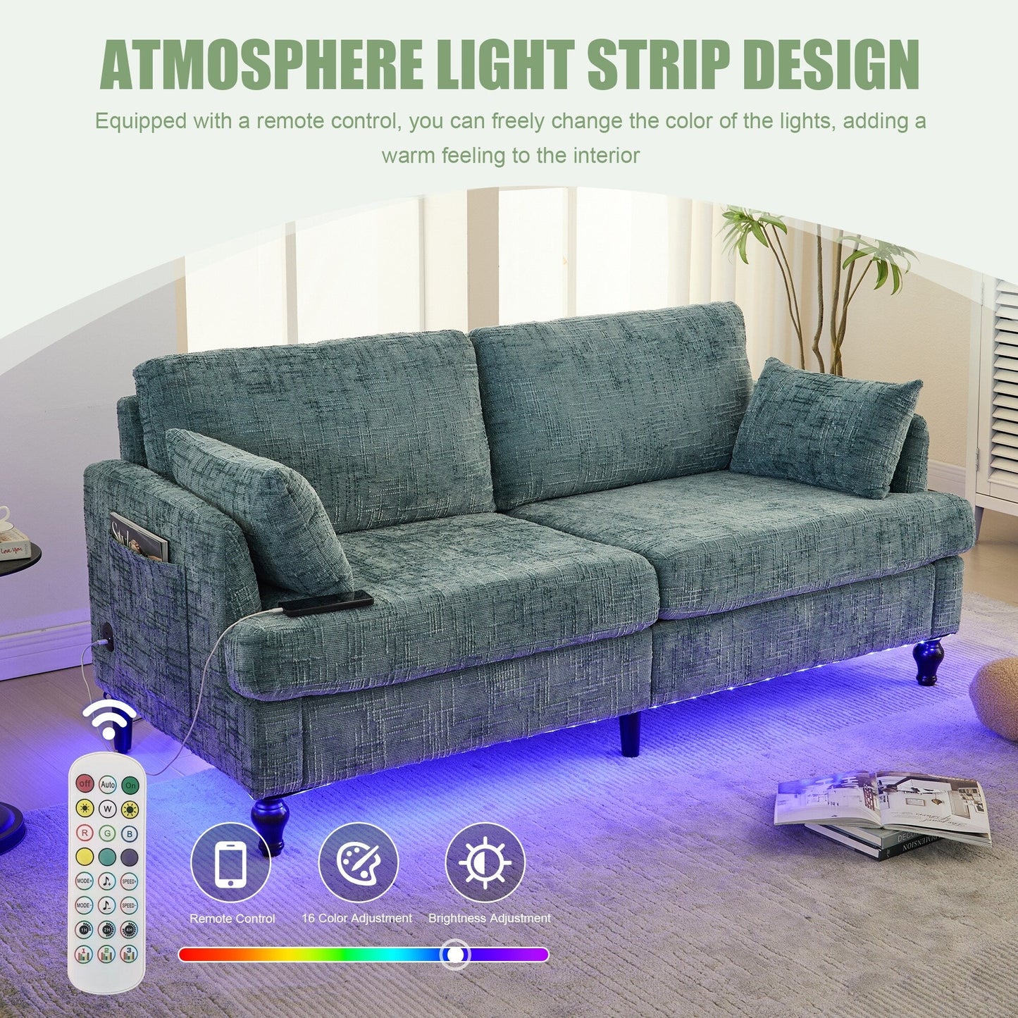 Modern Style Chenille 2-Seater Wood-Legged Sofa With Led Light,USB Charging Port And Storage Bag Living Room Bedroom Study Room