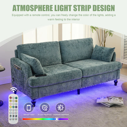 Modern Style Chenille 2-Seater Wood-Legged Sofa With Led Light,USB Charging Port And Storage Bag Living Room Bedroom Study Room