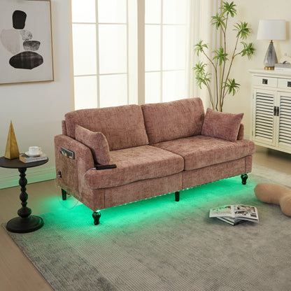 Modern Style Chenille 2-Seater Wood-Legged Sofa With Led Light,USB Charging Port And Storage Bag Living Room Bedroom Study Room