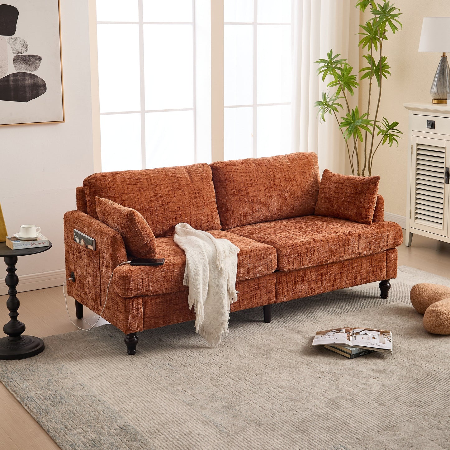 Modern Style Chenille 2-Seater Wood-Legged Sofa With Led Light,USB Charging Port And Storage Bag Living Room Bedroom Study Room
