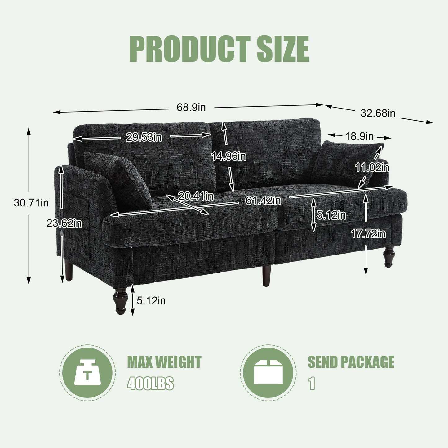 Modern Style Chenille 2-Seater Wood-Legged Sofa With Led Light,USB Charging Port And Storage Bag Living Room Bedroom Study Room