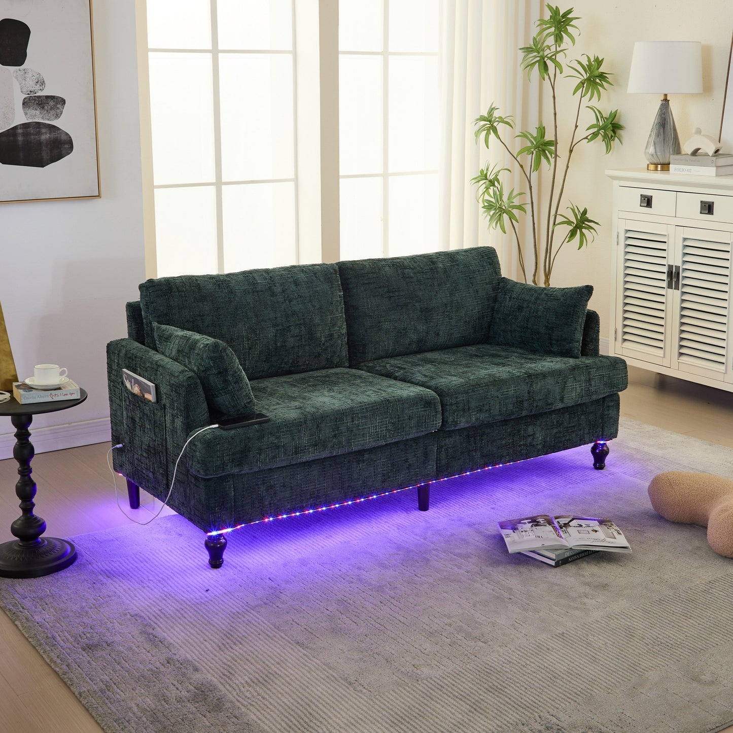 Modern Style Chenille 2-Seater Wood-Legged Sofa With Led Light,USB Charging Port And Storage Bag Living Room Bedroom Study Room