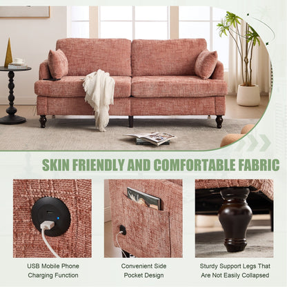 Modern Style Chenille 2-Seater Wood-Legged Sofa With Led Light,USB Charging Port And Storage Bag Living Room Bedroom Study Room