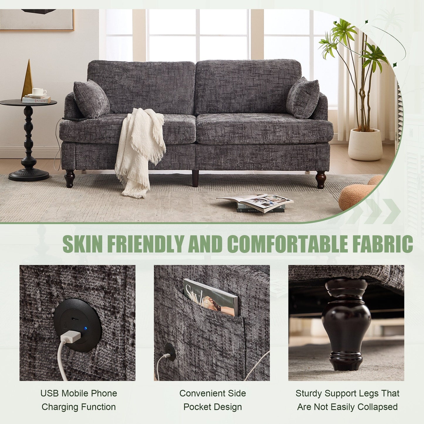 Modern Style Chenille 2-Seater Wood-Legged Sofa With Led Light,USB Charging Port And Storage Bag Living Room Bedroom Study Room