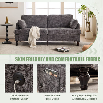 Modern Style Chenille 2-Seater Wood-Legged Sofa With Led Light,USB Charging Port And Storage Bag Living Room Bedroom Study Room