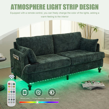 Modern Style Chenille 2-Seater Wood-Legged Sofa With Led Light,USB Charging Port And Storage Bag Living Room Bedroom Study Room