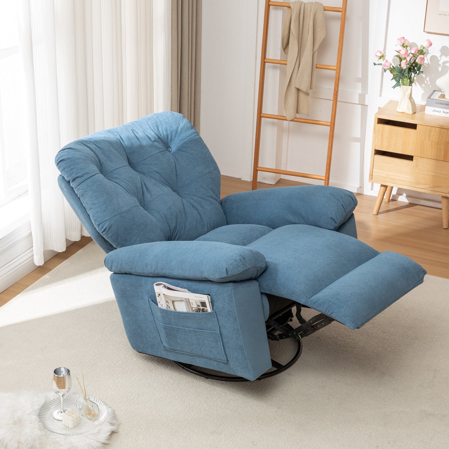Modern Swivel Home Theatre Manual Recliner Adjustable Single Lazy Sofa with Footrest and Side Pocket