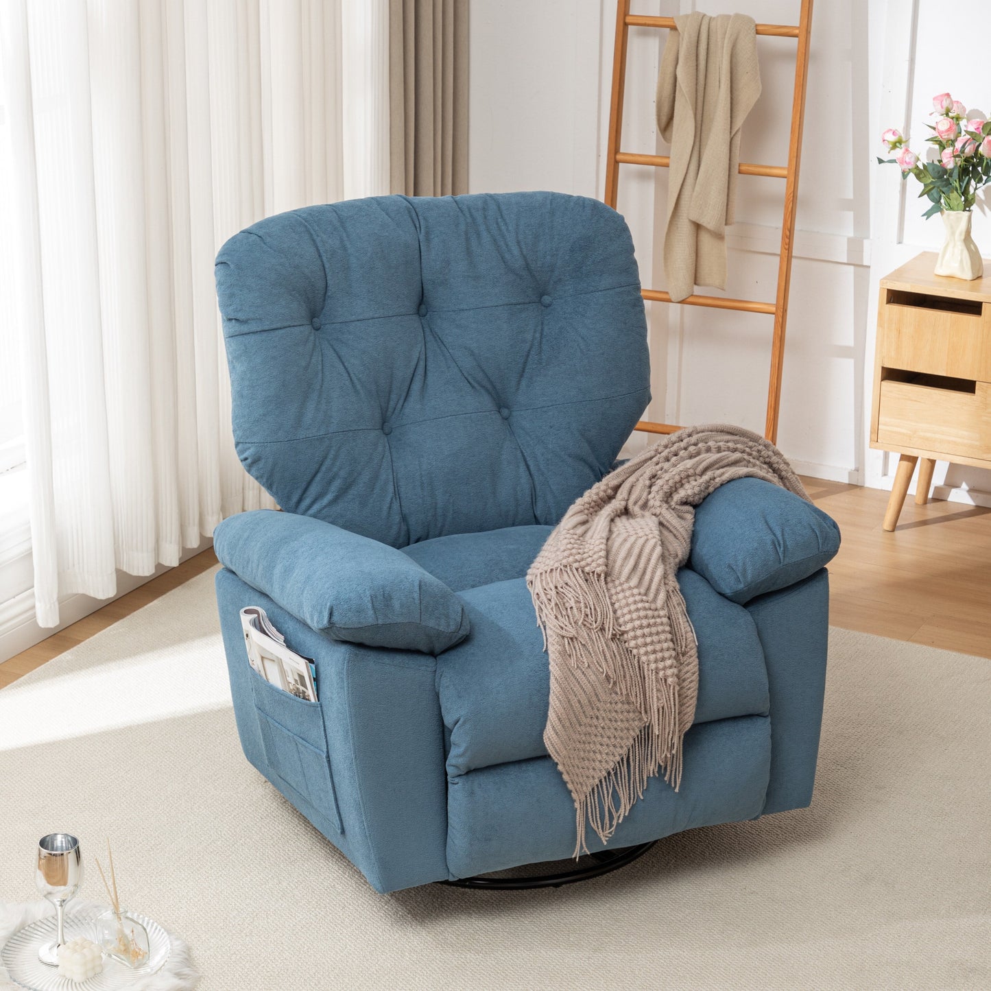 Modern Swivel Home Theatre Manual Recliner Adjustable Single Lazy Sofa with Footrest and Side Pocket