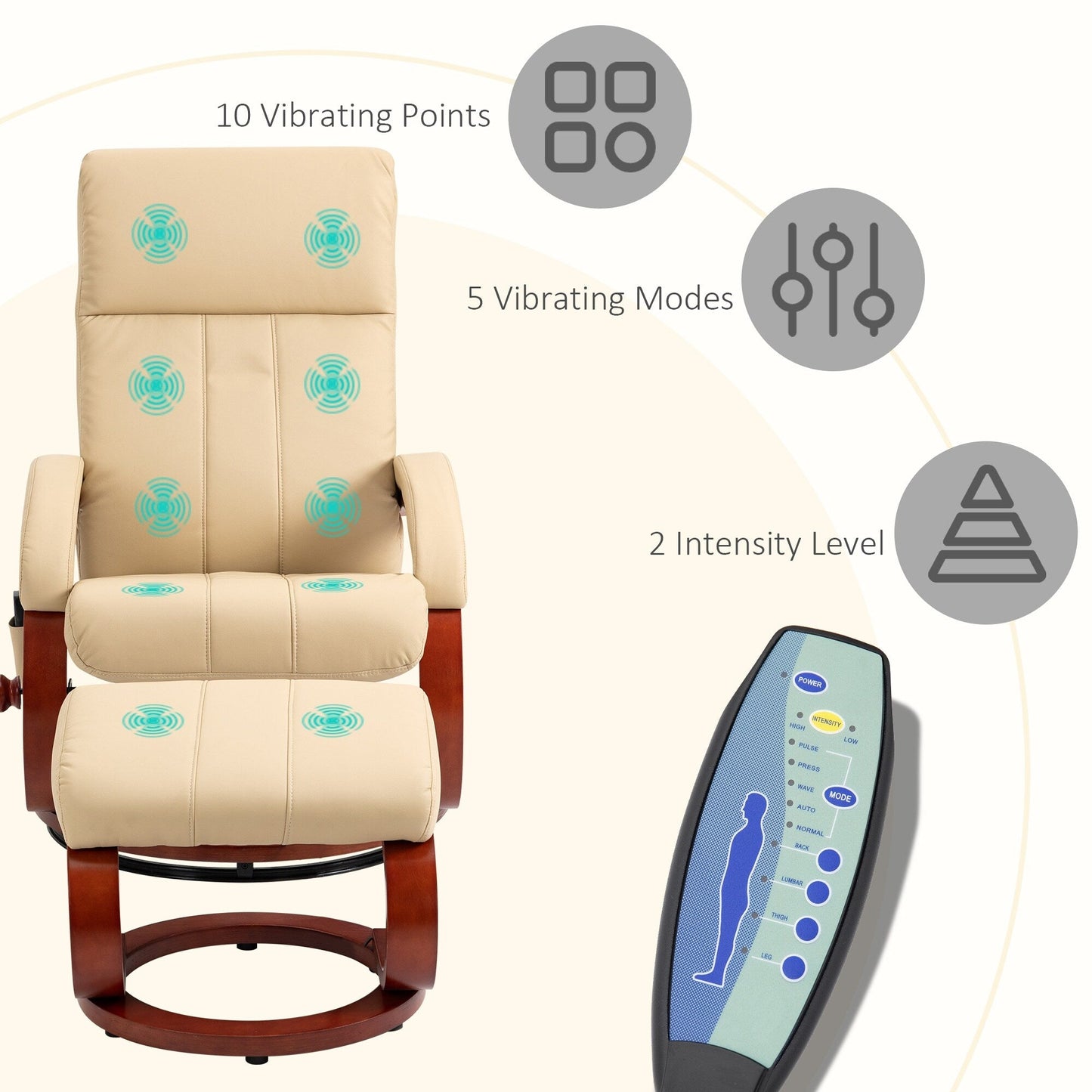 Modern Swivel Wood Base Leather Massage Recliner Chair with Ottoman, 10 Point Vibrating, 5 Modes, Remote and Side Pocket