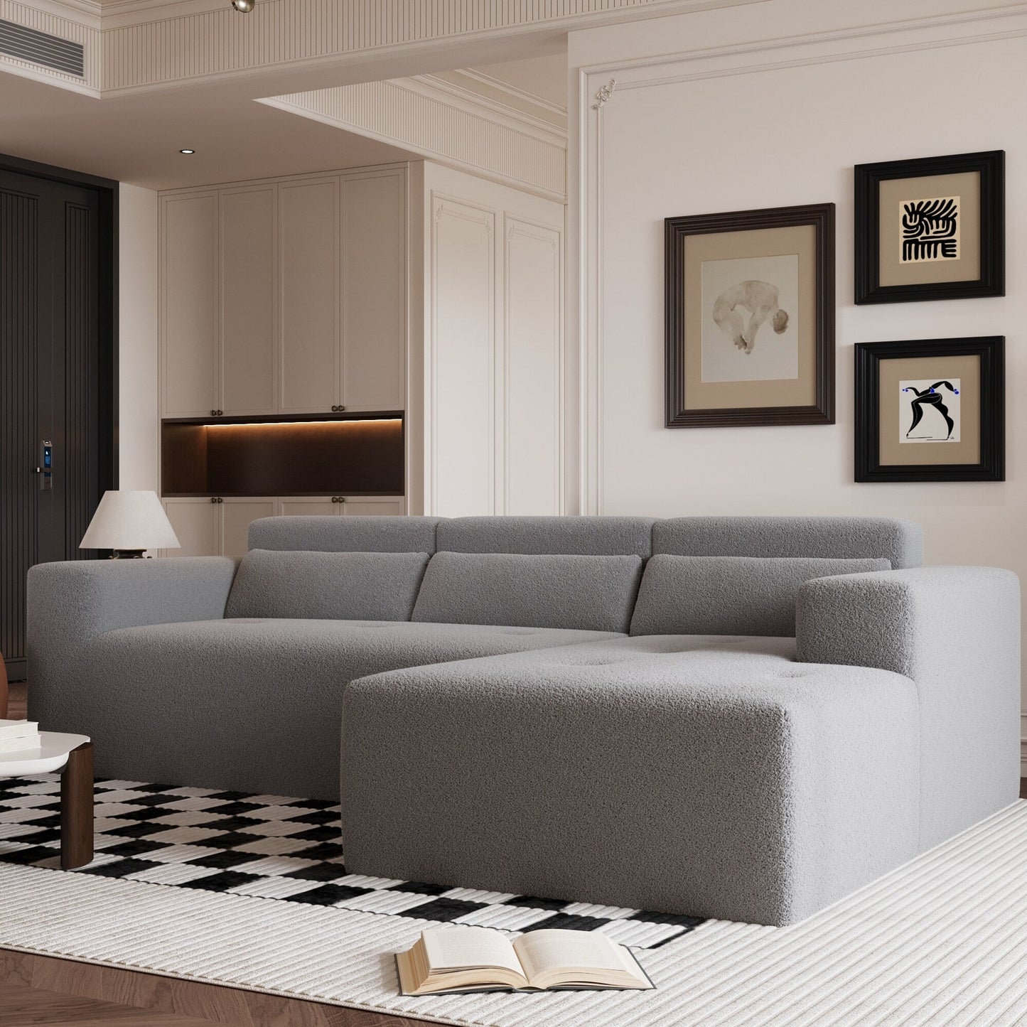Modern Teddy Fabric L-Shaped Sectional Sofa 3-Seater Sofa Couch with Chaise and Pillows for Living Room Apartment