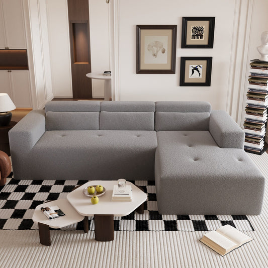 Modern Teddy Fabric L-Shaped Sectional Sofa 3-Seater Sofa Couch with Chaise and Pillows for Living Room Apartment