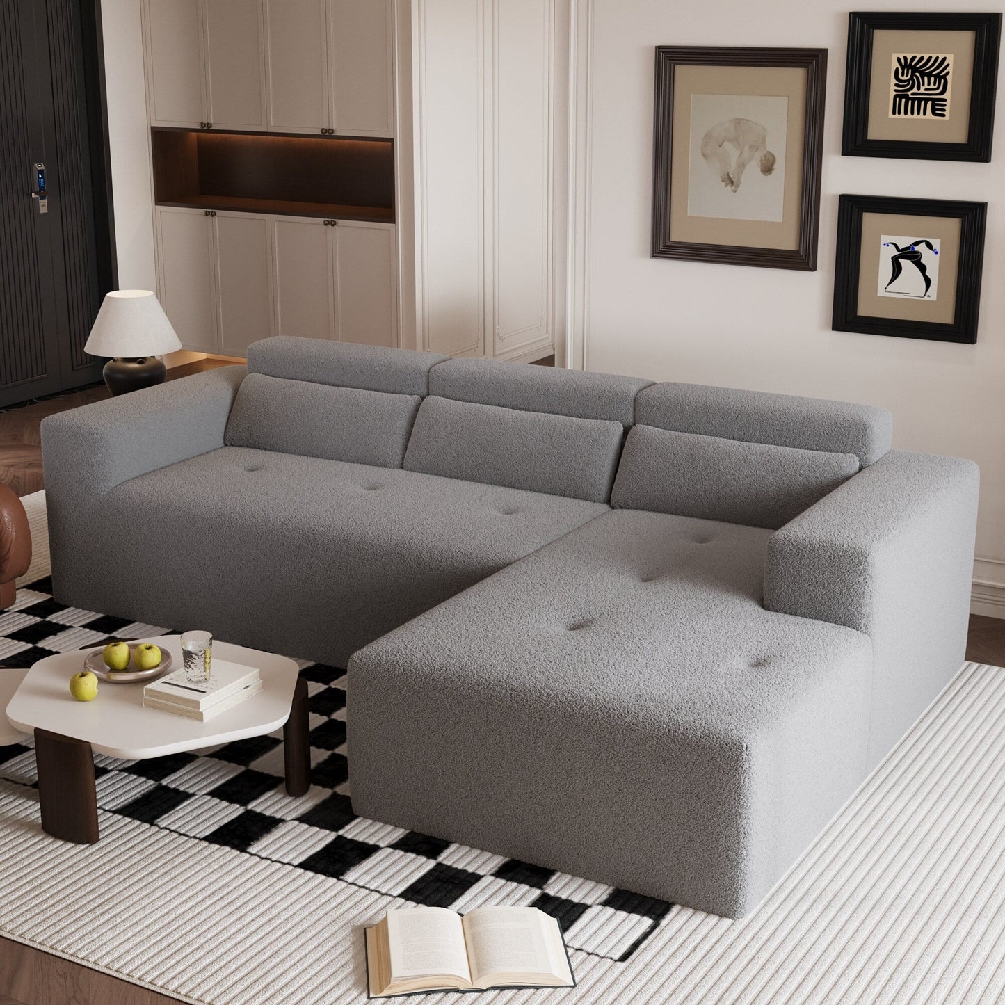 Modern Teddy Fabric L-Shaped Sectional Sofa 3-Seater Sofa Couch with Chaise and Pillows for Living Room Apartment
