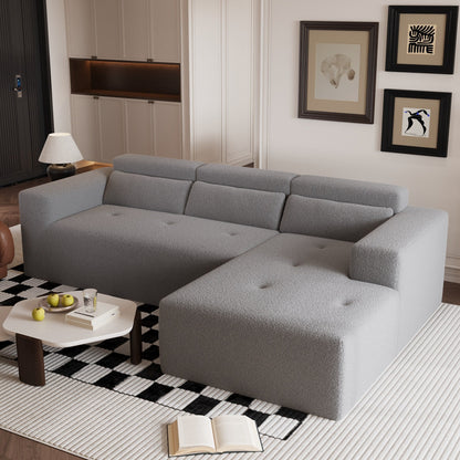 Modern Teddy Fabric L-Shaped Sectional Sofa 3-Seater Sofa Couch with Chaise and Pillows for Living Room Apartment