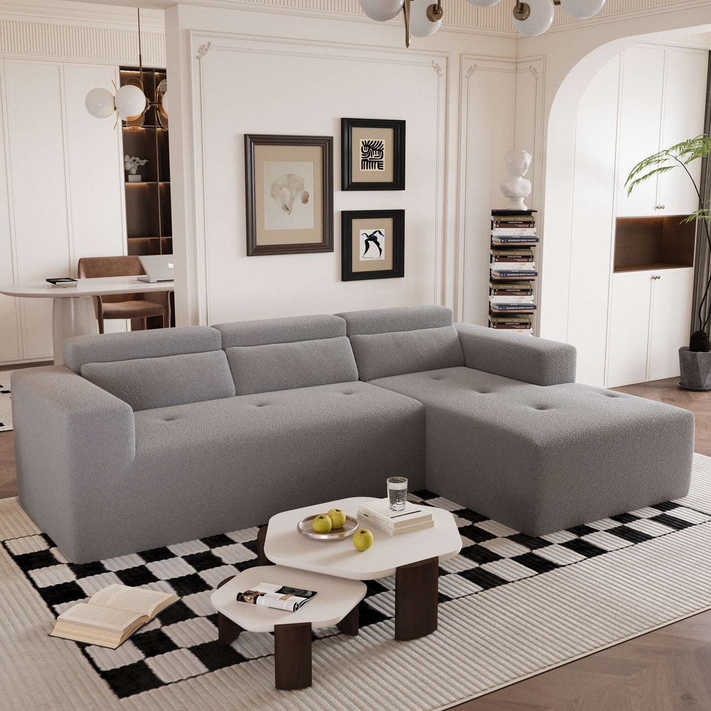 Modern Teddy Fabric L-Shaped Sectional Sofa 3-Seater Sofa Couch with Chaise and Pillows for Living Room Apartment