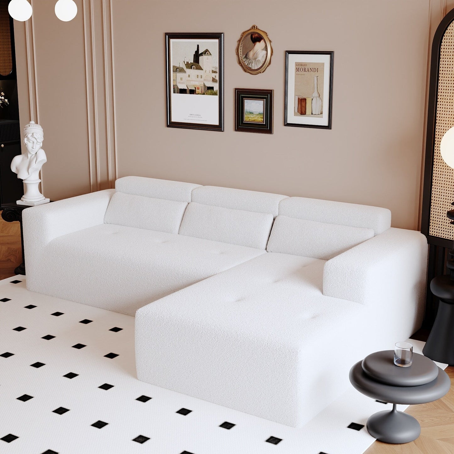 Modern Teddy Fabric L-Shaped Sectional Sofa 3-Seater Sofa Couch with Chaise and Pillows for Living Room Apartment