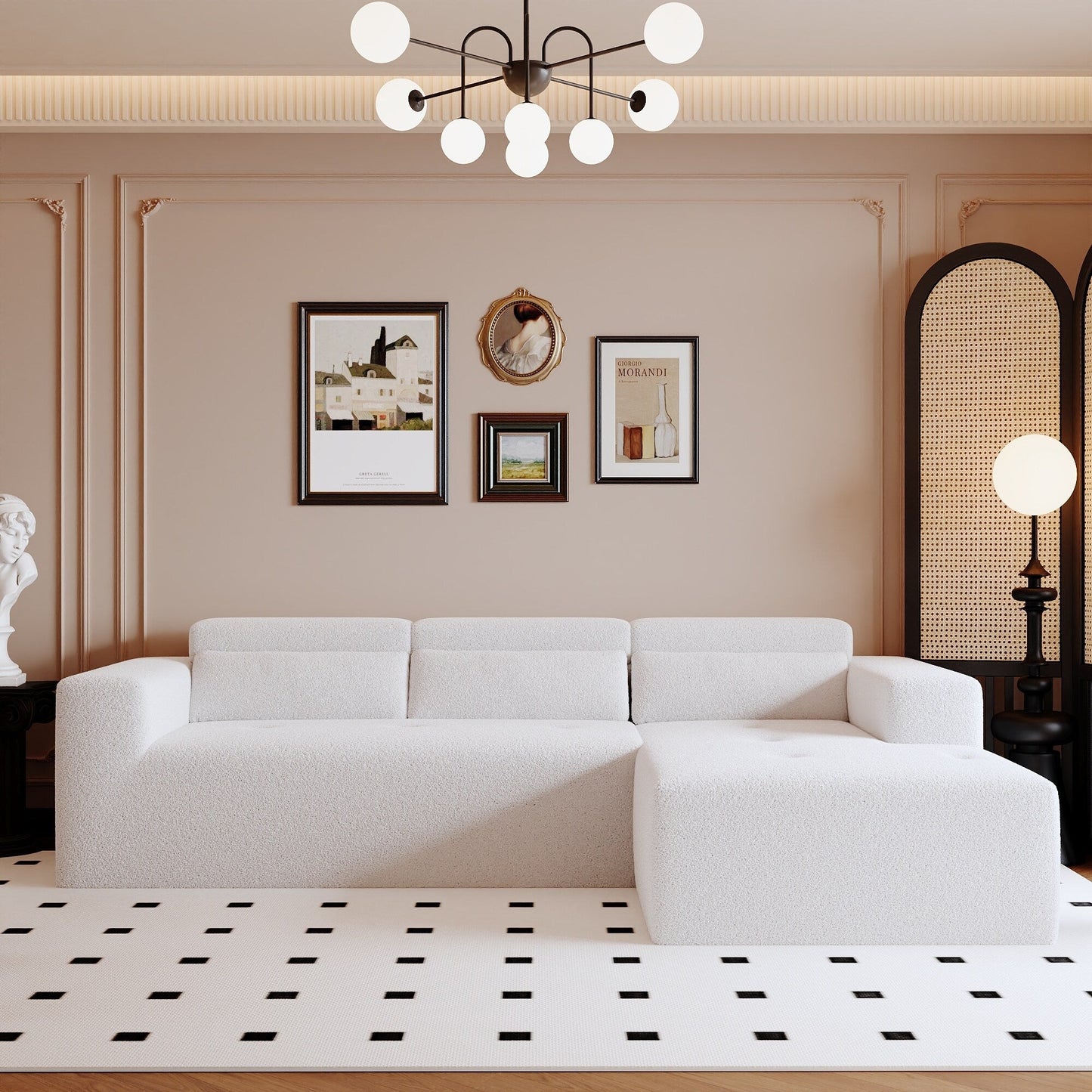 Modern Teddy Fabric L-Shaped Sectional Sofa 3-Seater Sofa Couch with Chaise and Pillows for Living Room Apartment