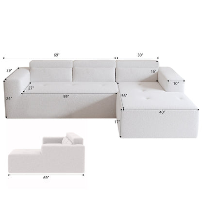 Modern Teddy Fabric L-Shaped Sectional Sofa 3-Seater Sofa Couch with Chaise and Pillows for Living Room Apartment