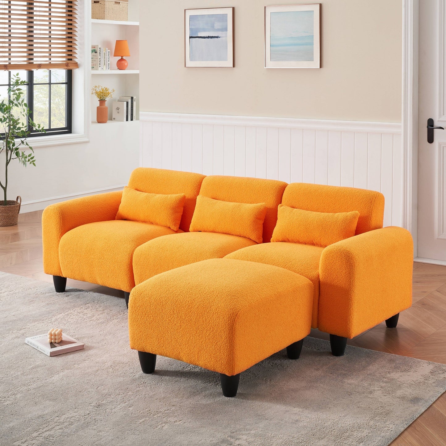 Modern Teddy Fleece Creative Sofa - Versatile Two-Seater with Single Couch and 3 Waist Pillows for Small Apartment Bedrooms