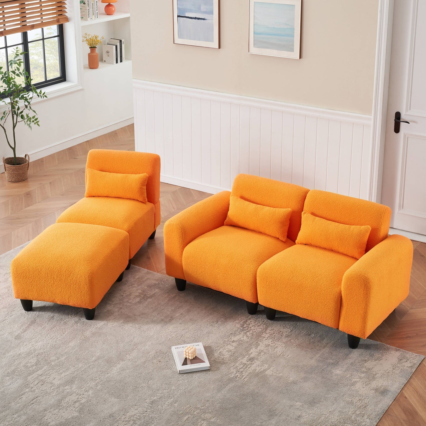 Modern Teddy Fleece Creative Sofa - Versatile Two-Seater with Single Couch and 3 Waist Pillows for Small Apartment Bedrooms