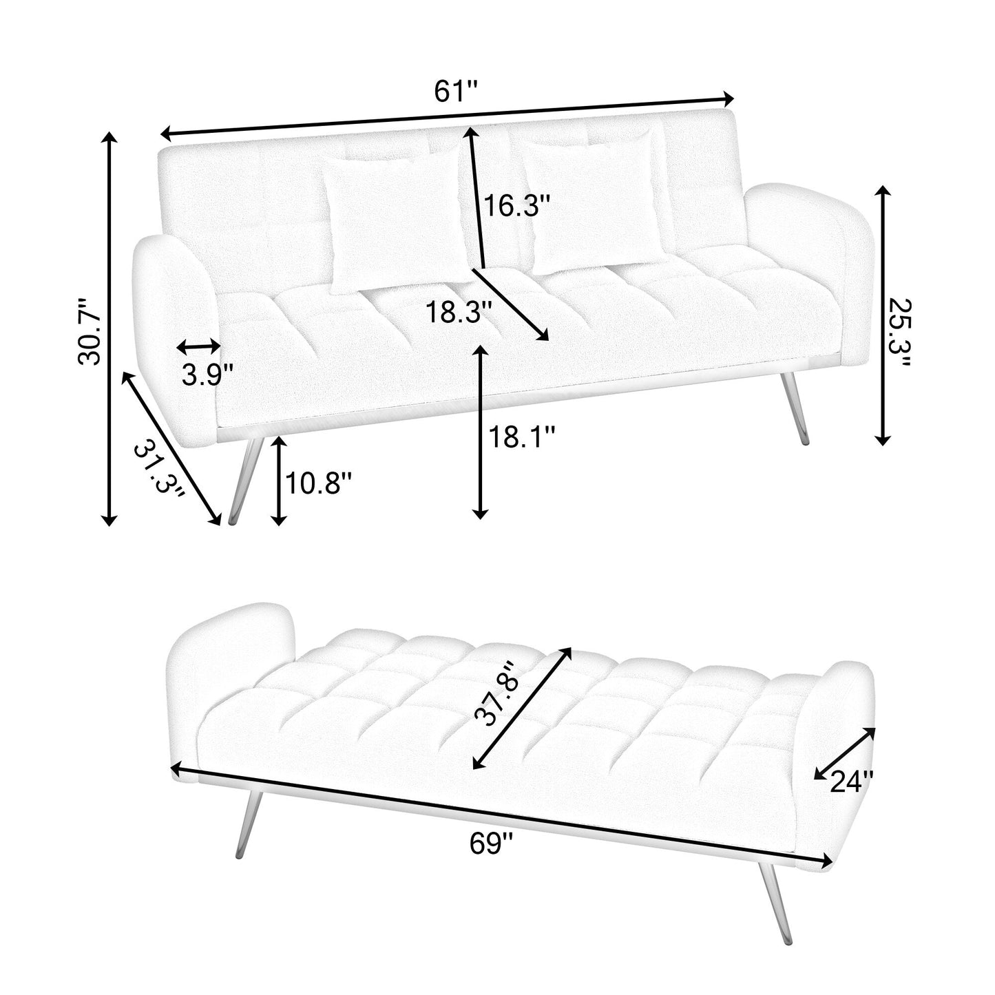 Modern Teddy Fleece Sofa, Comfortable Adjustable Loveseat with Soft Armrests and 2 Throw Pillows for Apartment Bedrooms