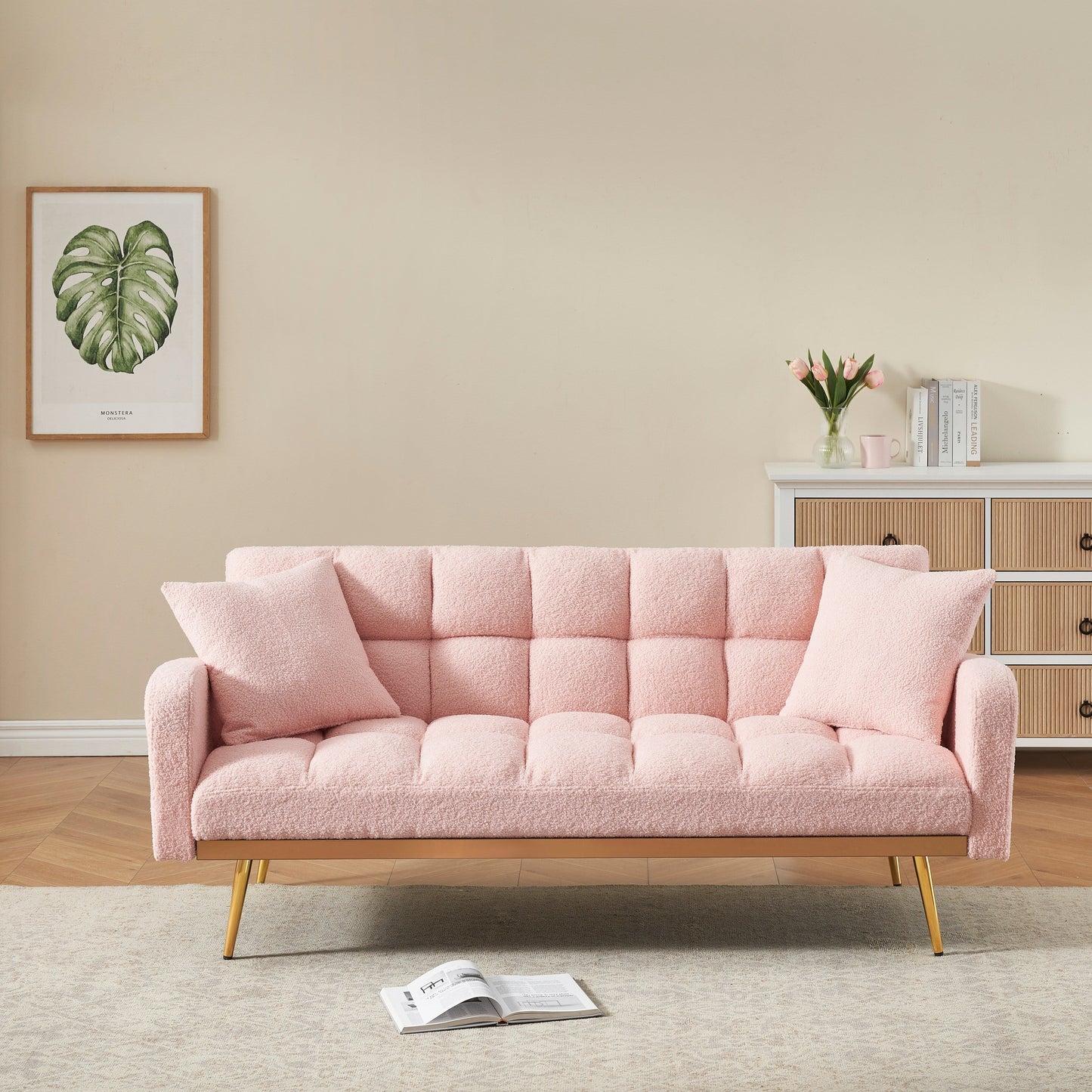 Modern Teddy Fleece Sofa, Comfortable Adjustable Loveseat with Soft Armrests and 2 Throw Pillows for Apartment Bedrooms