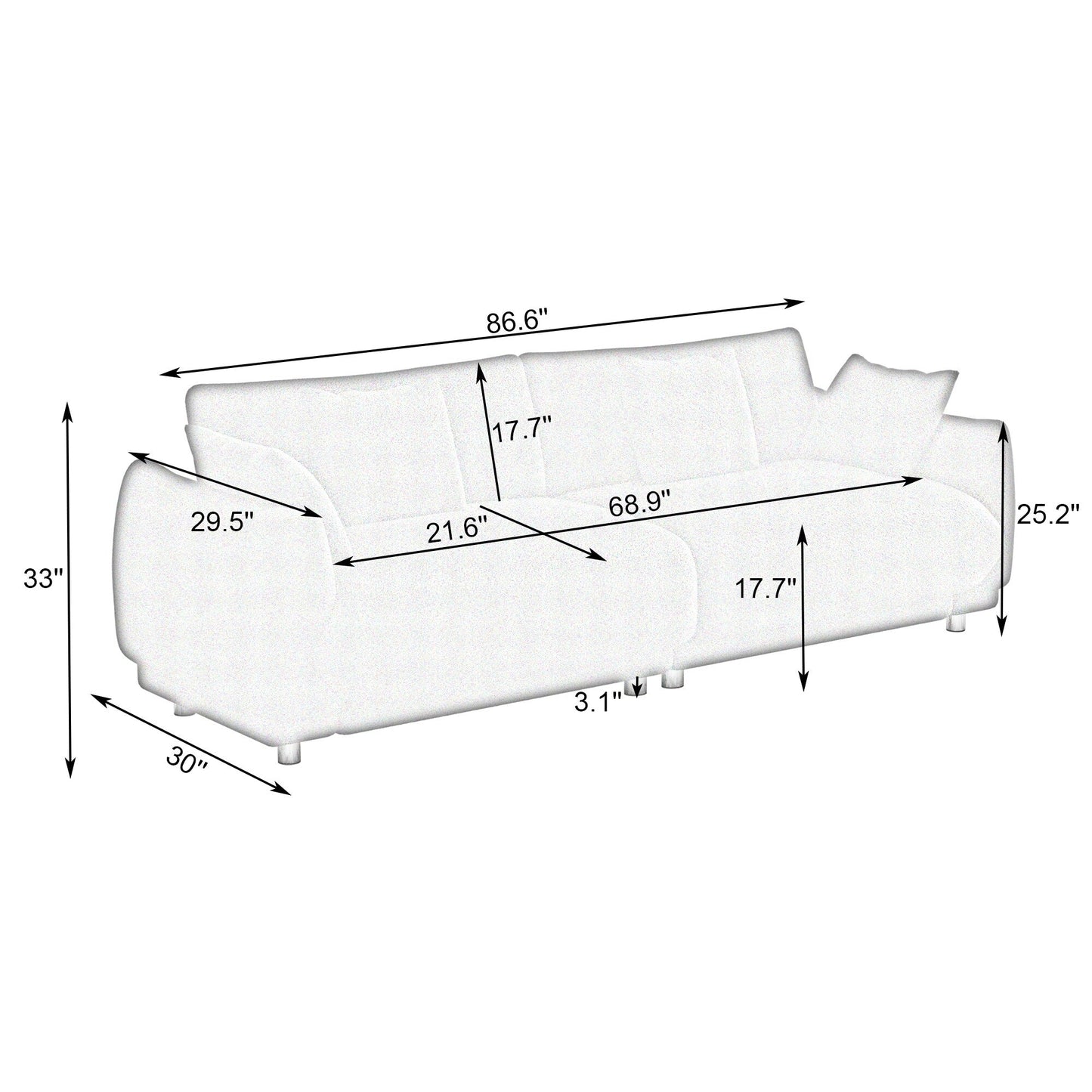 Modern Teddy Wool Sofa, Comfortable Loveseat with 4 Throw Pillows and Hardware Feet for Living Room Apartment