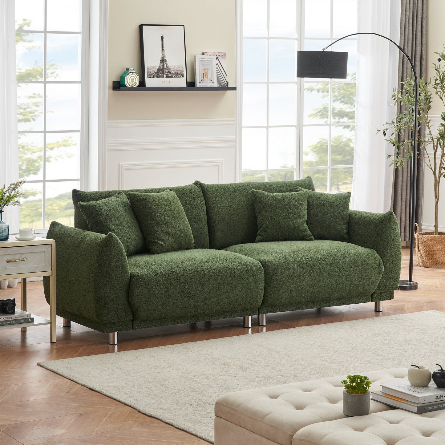 Modern Teddy Wool Sofa, Comfortable Loveseat with 4 Throw Pillows and Hardware Feet for Living Room Apartment