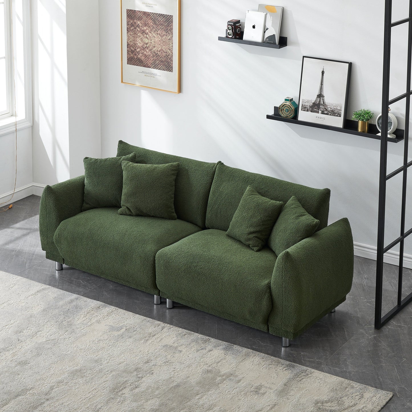 Modern Teddy Wool Sofa, Comfortable Loveseat with 4 Throw Pillows and Hardware Feet for Living Room Apartment