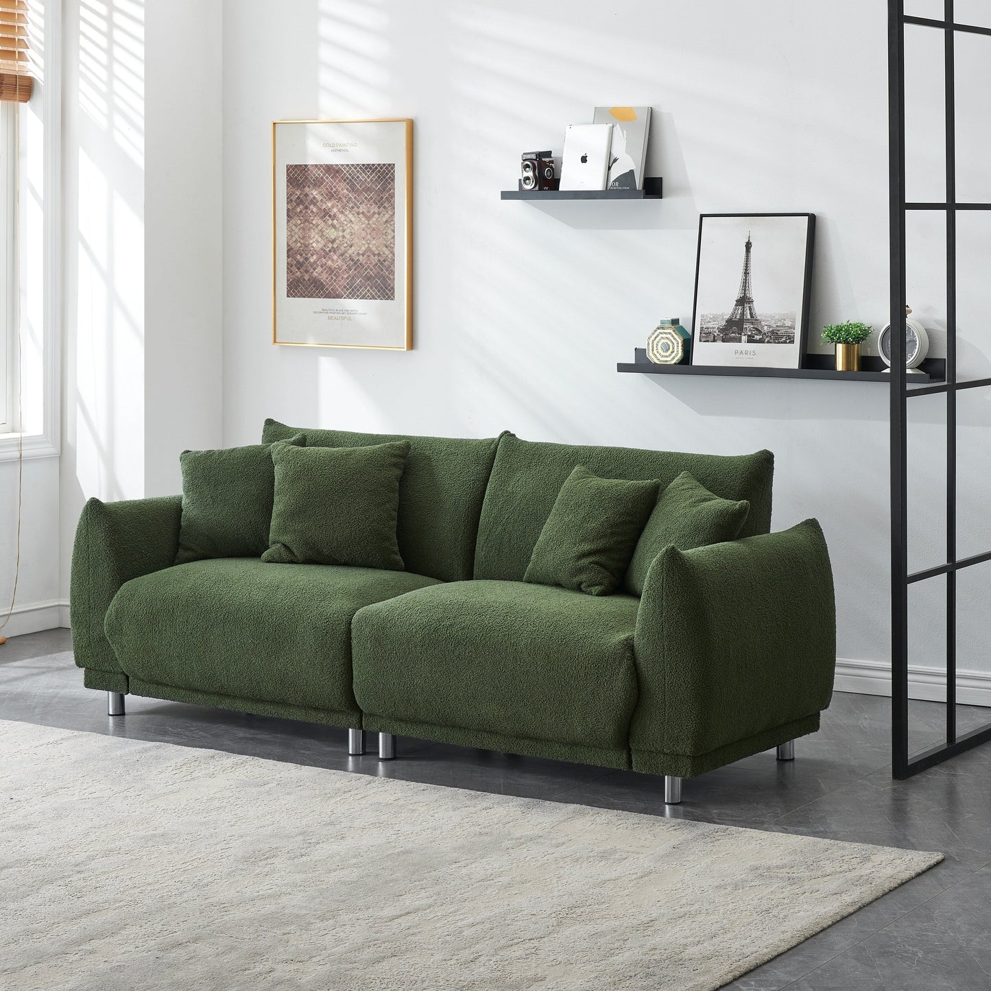 Modern Teddy Wool Sofa, Comfortable Loveseat with 4 Throw Pillows and Hardware Feet for Living Room Apartment