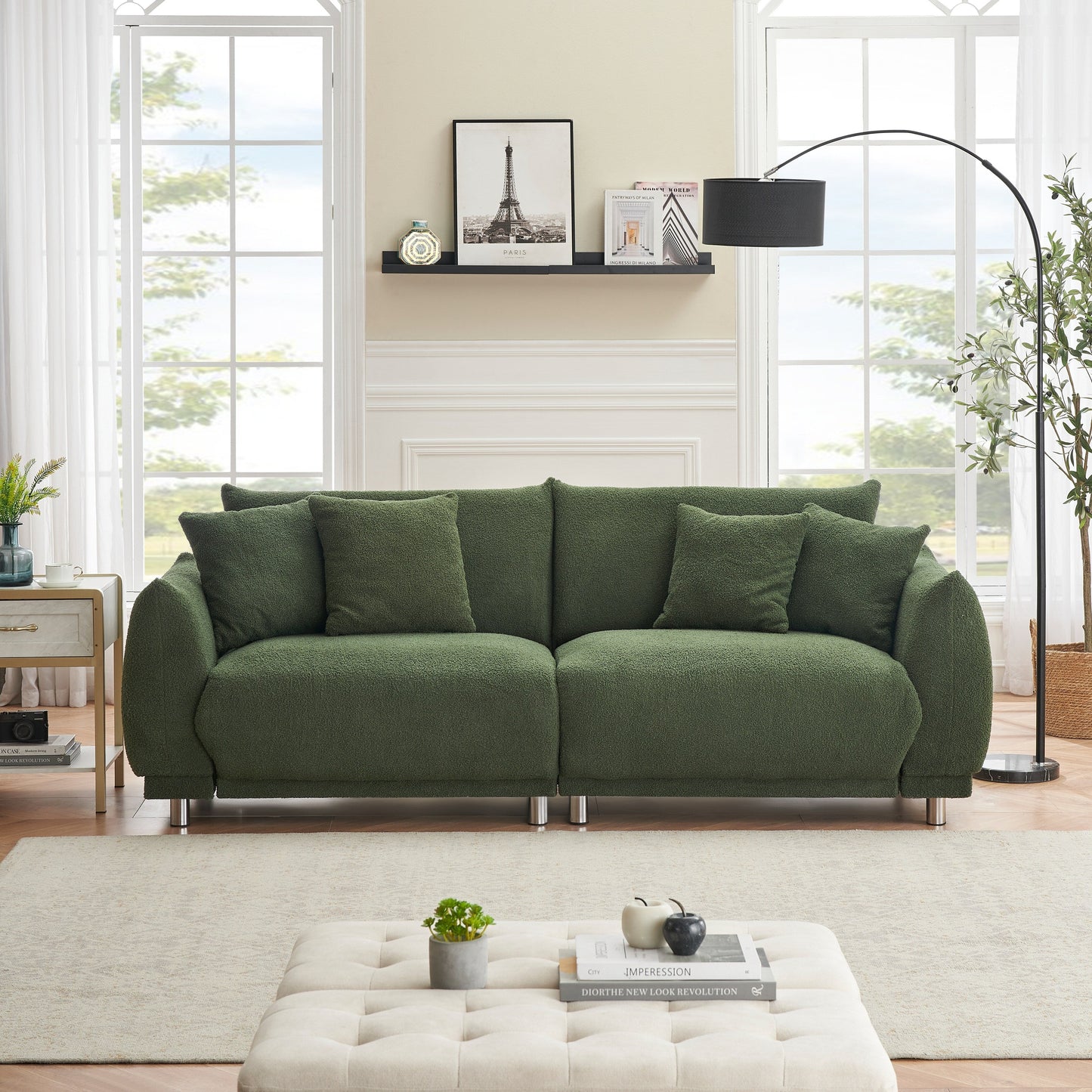 Modern Teddy Wool Sofa, Comfortable Loveseat with 4 Throw Pillows and Hardware Feet for Living Room Apartment