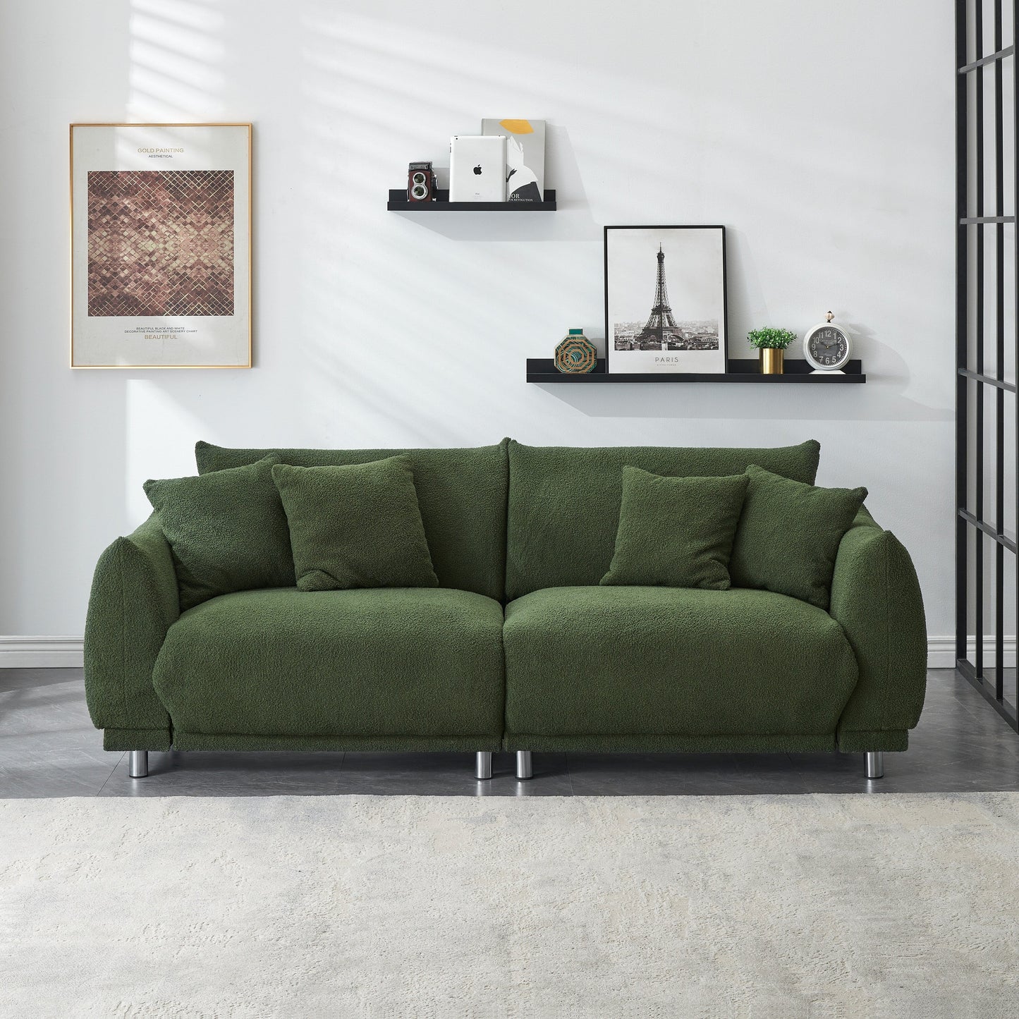 Modern Teddy Wool Sofa, Comfortable Loveseat with 4 Throw Pillows and Hardware Feet for Living Room Apartment