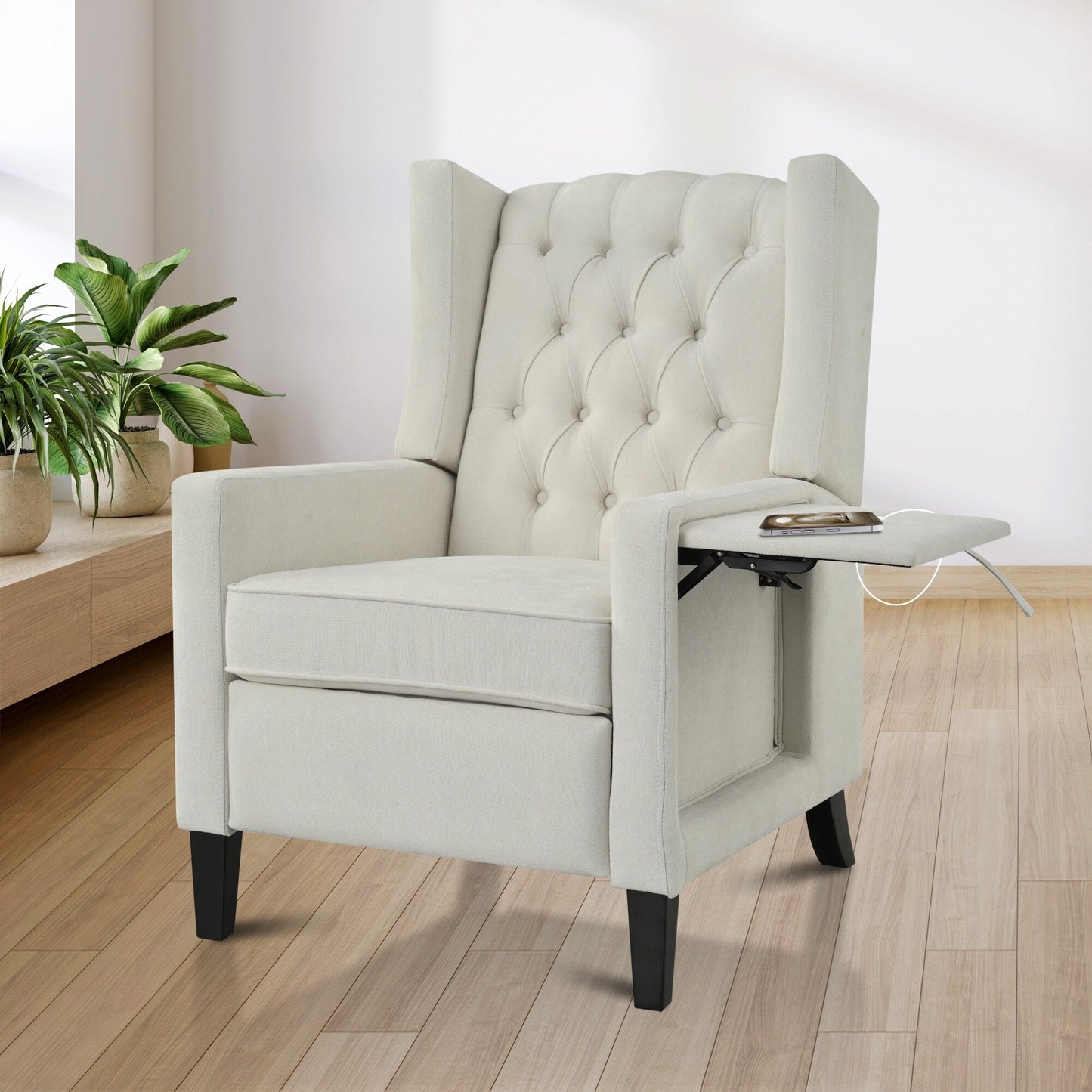 Modern Tufted Push Back Recliner Chair with Foldable Side Table and USB Charging Ports for Living Room or Bedroom