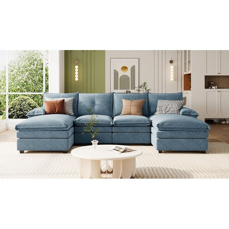 Modern U-Shaped Chenille Modular Sofa Living Room Tufted Back 6-Seat Sectional Sofa with Adjustable Armrest Pillows