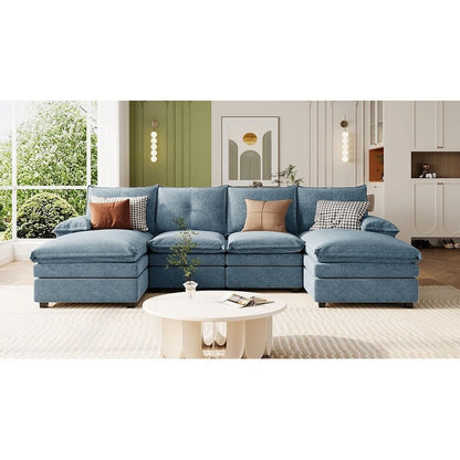 Modern U-Shaped Chenille Modular Sofa Living Room Tufted Back 6-Seat Sectional Sofa with Adjustable Armrest Pillows