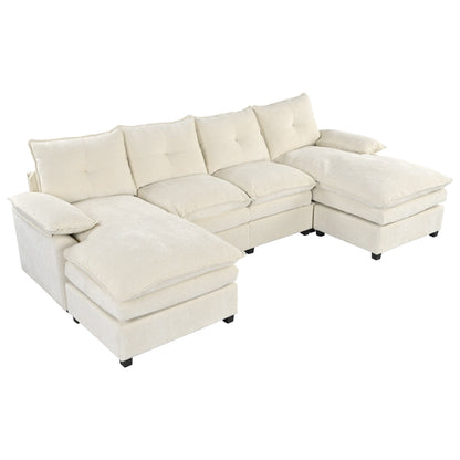 Modern U-Shaped Chenille Modular Sofa Living Room Tufted Back 6-Seat Sectional Sofa with Adjustable Armrest Pillows