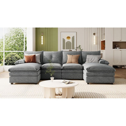 Modern U-Shaped Chenille Modular Sofa Living Room Tufted Back 6-Seat Sectional Sofa with Adjustable Armrest Pillows