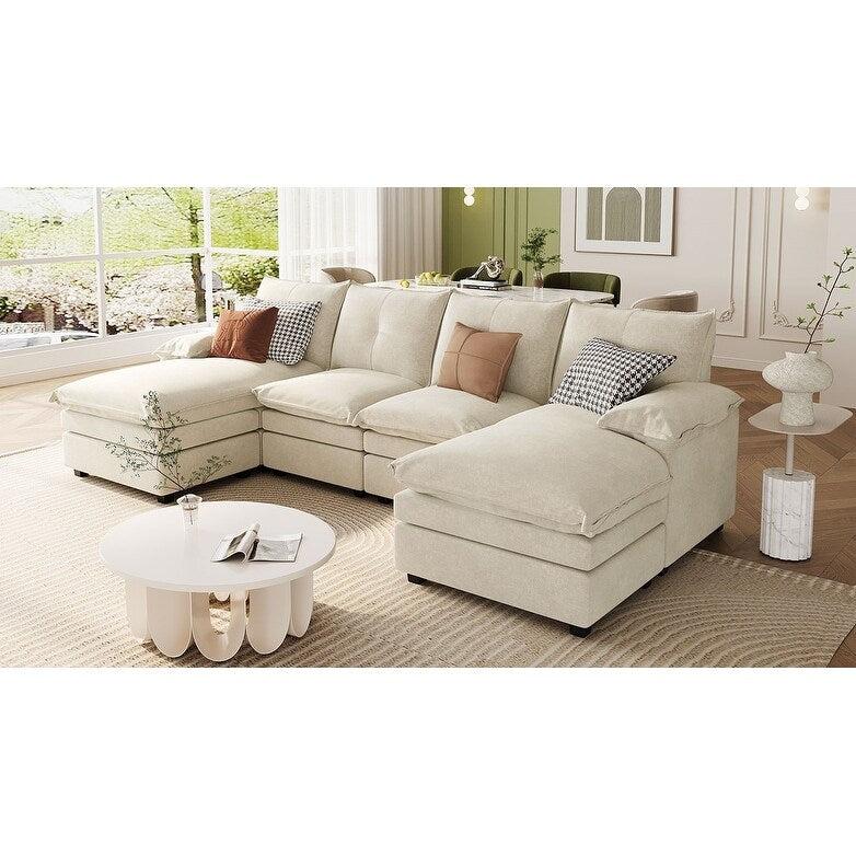 Modern U-Shaped Chenille Modular Sofa Living Room Tufted Back 6-Seat Sectional Sofa with Adjustable Armrest Pillows