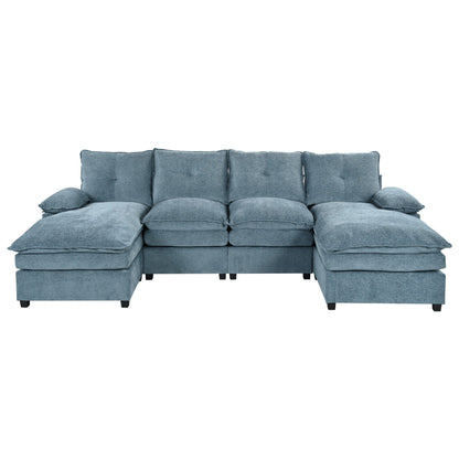Modern U-Shaped Chenille Modular Sofa Living Room Tufted Back 6-Seat Sectional Sofa with Adjustable Armrest Pillows