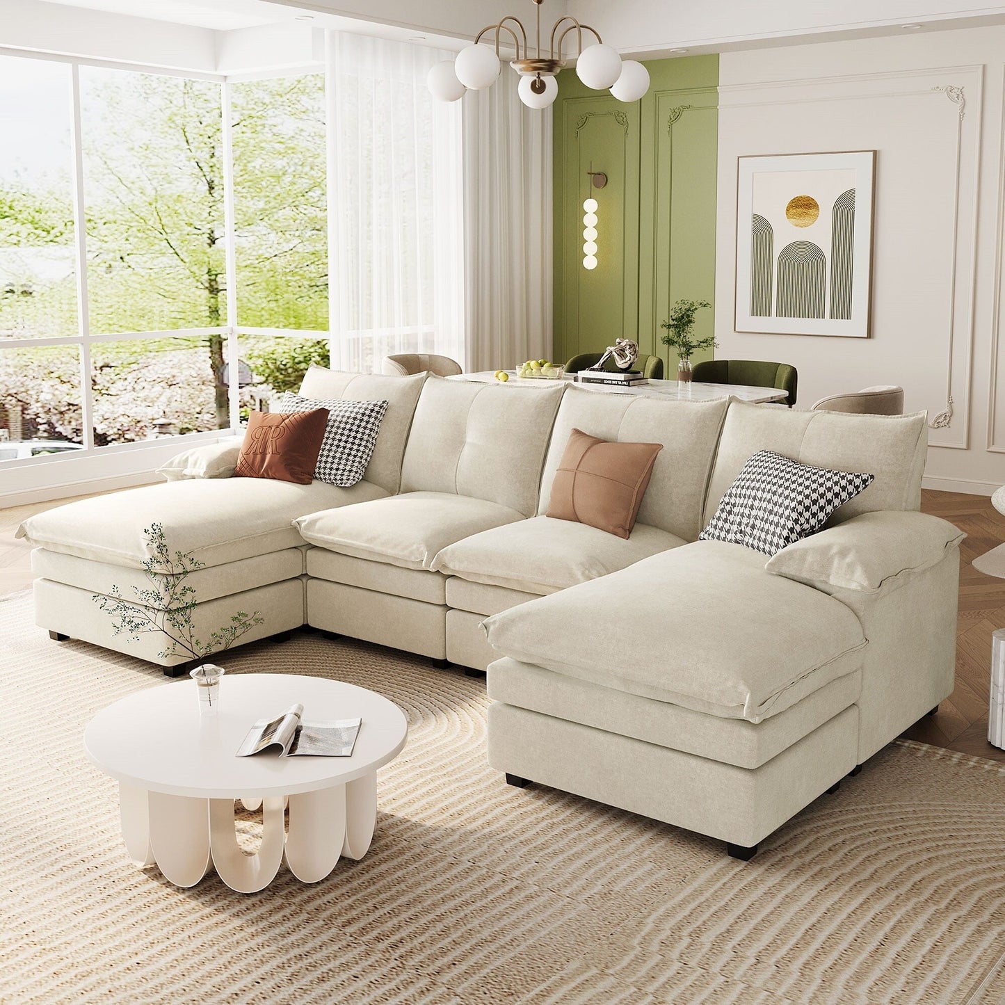 Modern U-Shaped Chenille Modular Sofa Living Room Tufted Back 6-Seat Sectional Sofa with Adjustable Armrest Pillows