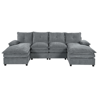 Modern U-Shaped Chenille Modular Sofa Living Room Tufted Back 6-Seat Sectional Sofa with Adjustable Armrest Pillows