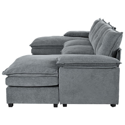 Modern U-Shaped Chenille Modular Sofa Living Room Tufted Back 6-Seat Sectional Sofa with Adjustable Armrest Pillows